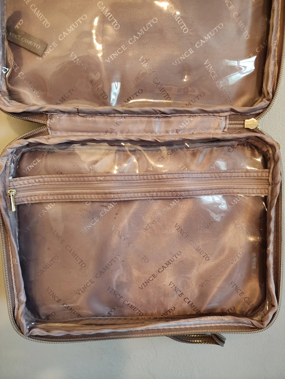 Vince Camuto Metallic Taupe Woven Toiletry Travel Tote
